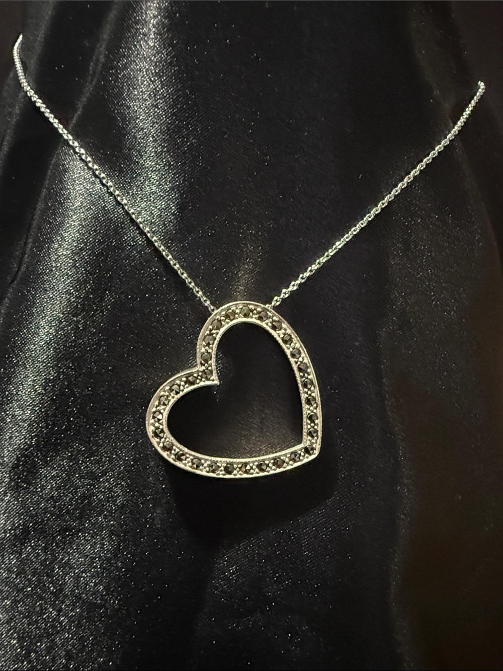 Vintage 925 Sterling Silver Marcasite Open Heart Necklace Set w/ 16" Chain